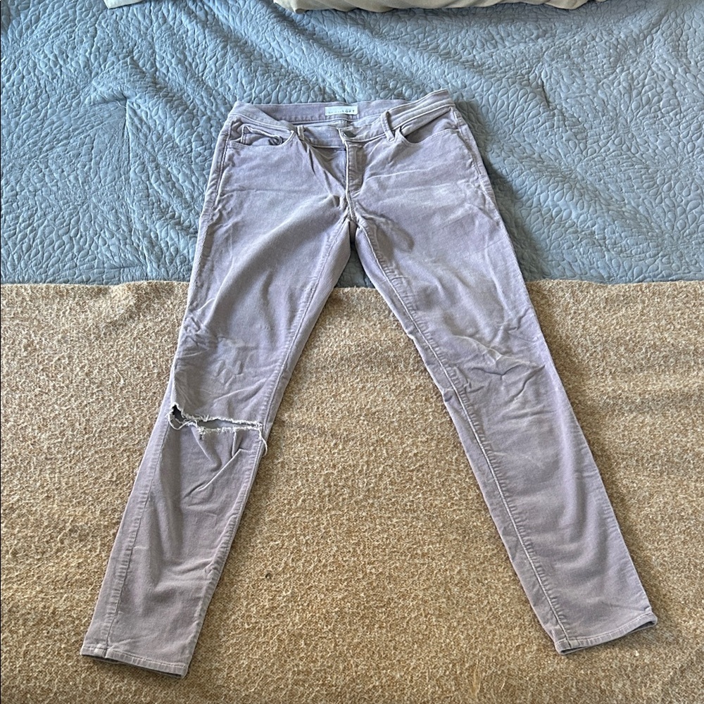 LOFT Lavender Skinny Corduroy Pants with Distressed Knee